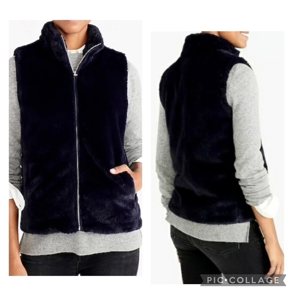J CREW FACTORY Women’S Black Faux Fur Full Zip Vest Soft Luxe Pockets Size M